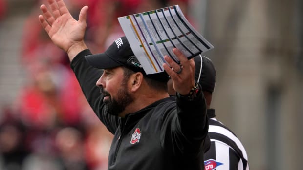 Ohio State Buckeyes head coach Ryan Day protests a call during the first half of Saturday's NCAA Division I football game against the Maryland Terrapins at Ohio Stadium